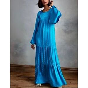 Happy X Nature Daydream Maxi Dress Blue Jewel Satin Polka Dot Wide Sleeve Size M